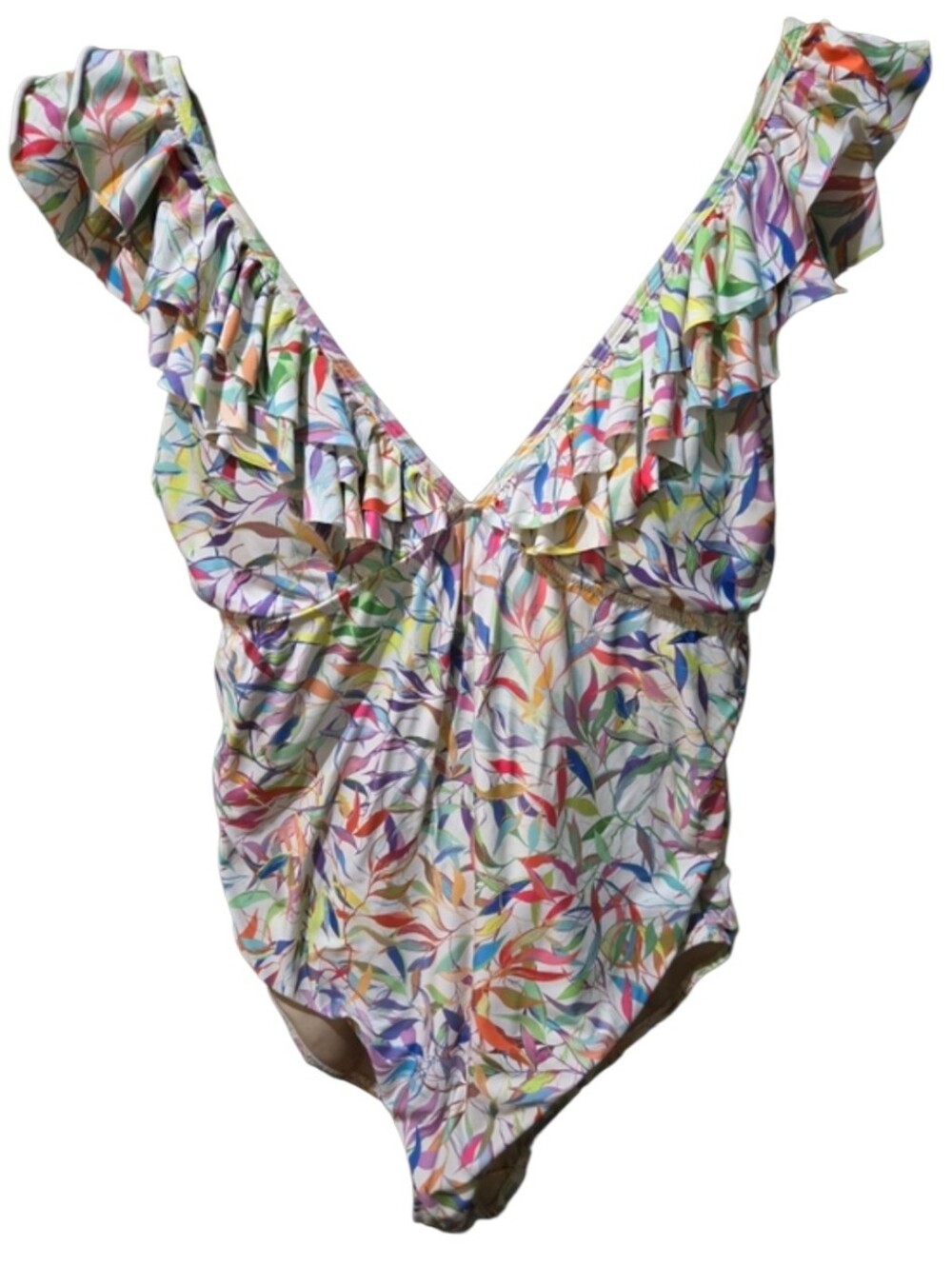 Barocco Tropical Leaf Print Ruffle One Piece Swimsuit Size 12 Tall